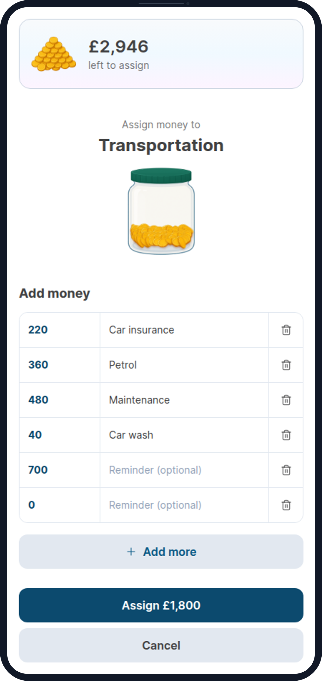 Famcash phone screenshot showing money being assigned to a transportation jar.