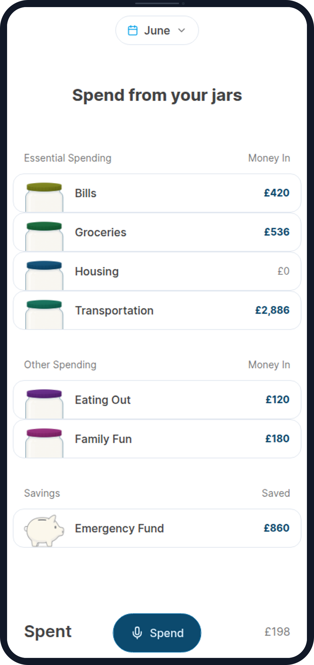 Famcash phone screenshot showing spending from jars.