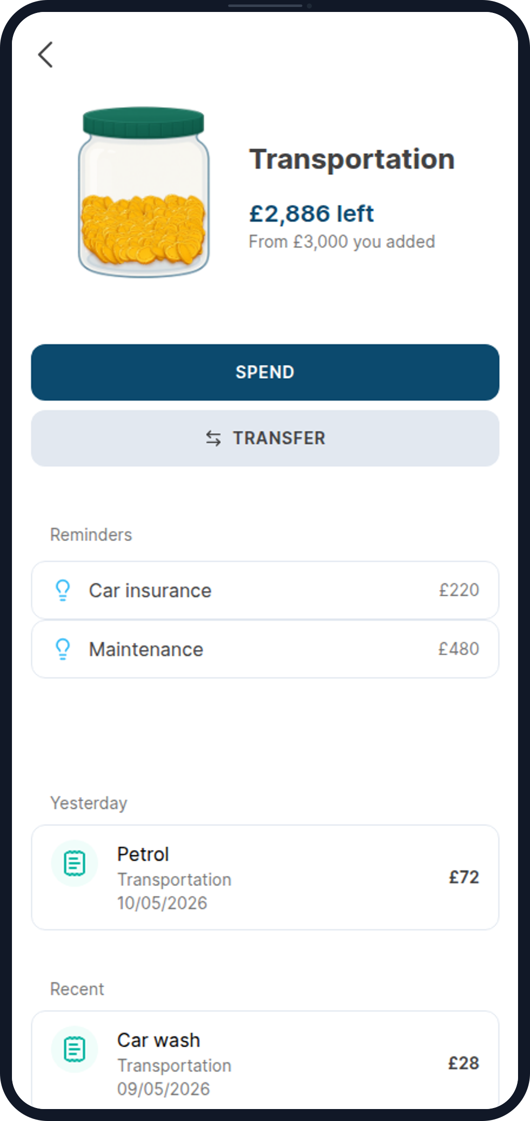 Famcash phone screenshot showing the transportation jar balance.